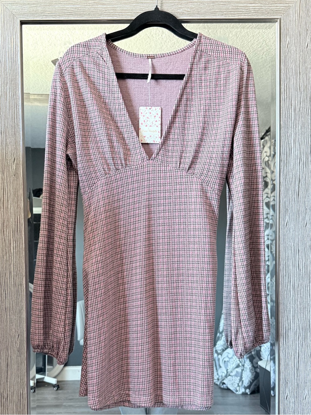 Free People Pink and Brown Checkered Long Sleeve Plunge A Line Mini Dress Soft
